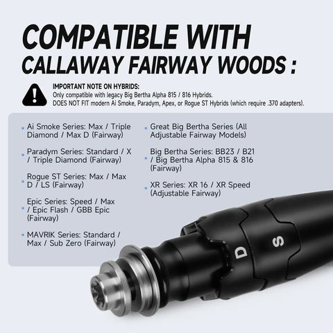 Close-up of 335 Tip Golf Shaft Adapter Sleeve For Fairway Woods Universal Fit For Callaway Ai Smoke Paradym Rogue ST Epic Mavrik GBB Big Bertha XR Series Pro Grade Premium Golf Club Shaft Adapter showcasing compatibility list and sleek design.