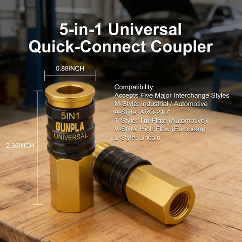 Five In One Universal Quick Connect Air Coupler For Industrial Air Compressors One Quarter Inch NPT Fittings Fits M A T V L Style Plugs With Upgraded Locking Six Ball Design For A Tight Grip Two Pack on workbench