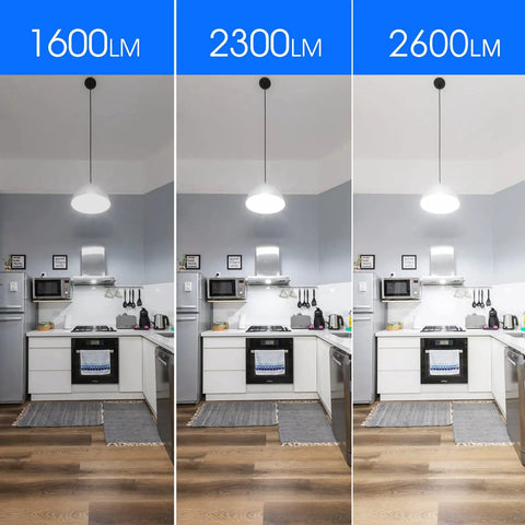 Comparison of kitchen lighting with Ultra Bright LED Bulb 150 Watt Equivalent A21 2600 Lumens Daylight 5000K E26 Base Non Dimmable