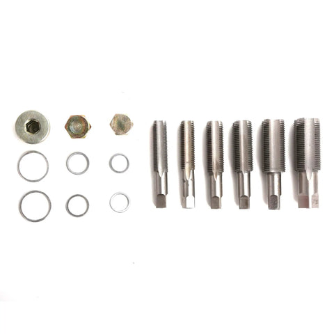 114 Piece Oil Pan Drain Sump Plug Key Thread Repair Tool Kit Set including taps, oil drain plugs, washers visible on white background.