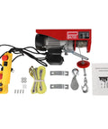 Heavy Duty Electric Hoist With 1543 Lbs Capacity And Dual Rope Modes For Garage Or Warehouse includes motor, remote, straps, and instructions.