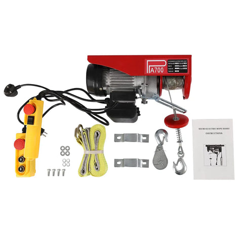 Heavy Duty Electric Hoist With 1543 Lbs Capacity And Dual Rope Modes For Garage Or Warehouse includes motor, remote, straps, and instructions.