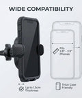 Straight Shooter Air Vent Phone Mount For Car Using Silent Mechanical Latch Reinforced Triangle Frame Holds Tight For Sure On Bumpy Roads One Hand Grip Release 360 Degree Swivel Broad Fit Across All Phone Models with wide compatibility for 2.8" to 3.9" phones.