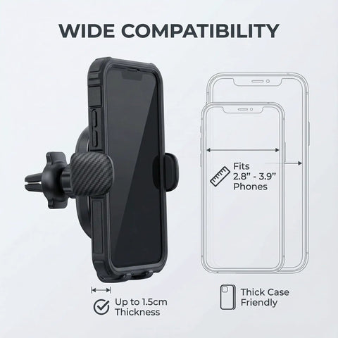 Straight Shooter Air Vent Phone Mount For Car Using Silent Mechanical Latch Reinforced Triangle Frame Holds Tight For Sure On Bumpy Roads One Hand Grip Release 360 Degree Swivel Broad Fit Across All Phone Models with wide compatibility for 2.8" to 3.9" phones.