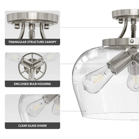 Modern Ceiling Light Fixture With Clear Glass Shade Three Light Brushed Nickel Semi Flush Mount for versatile home use