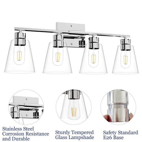 Chrome Four-Light Vanity Light Fixture Over Mirror With Clear Glass Shade, E26 Wall Sconce showing features and details