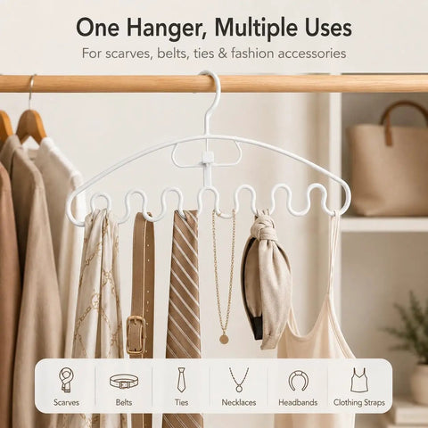 Wave Design Accessory Hangers Closet Storage Rack Smooths Out Your Daily Clutter And Keeps Scarves Belts And Ties Perfectly Neat This Simple Closet Hack Is A Real Game Changer Now, white hanger holding scarves, belts, ties, and accessories.