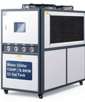 Hardcore Industrial Air Cooled Water Chiller With Dual High Output Compressors And A Massive Fifty Three Gallon Tank side view with touch screen