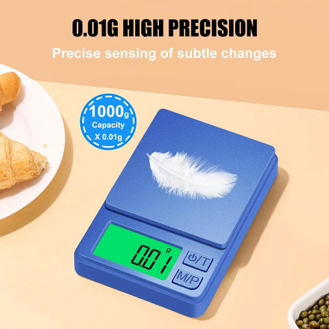 Pocket Gram Scale 1000g To Point One Gram High Precision Digital Scale With LCD Display Tare Function 7 Units Blue with feather