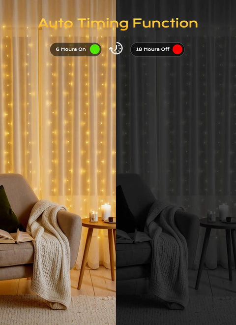 Warm White 300 LED Curtain Lights With 10 Strands, 9.8Ft By 9.8Ft Fairy String Lights For Bedroom And Window Wall Decor, 8 Modes With Memory Function, Plug In Not Connectable, Great For Christmas Parties And Weddings illuminated and unlit curtains in living room setup showing auto timing function.
