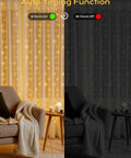 600 LED Curtain String Lights With Remote illuminating a cozy room, showcasing auto timing feature with 6 hours on, 18 hours off.