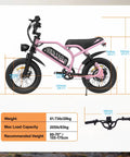 16-Inch Fat Tire Electric Mountain Bike With 800W Peak Motor, Removable Battery, Black Pink, side view with size chart