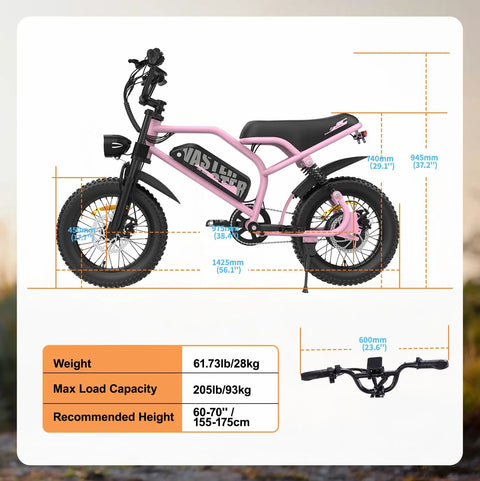 16-Inch Fat Tire Electric Mountain Bike With 800W Peak Motor, Removable Battery, Black Pink, side view with size chart