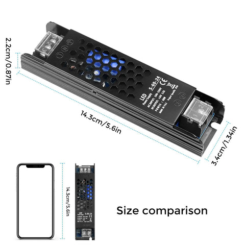 Top Shelf Rock Solid 24V Power Supply 2.5A 60W Switching Adapter with size comparison and black metal housing.
