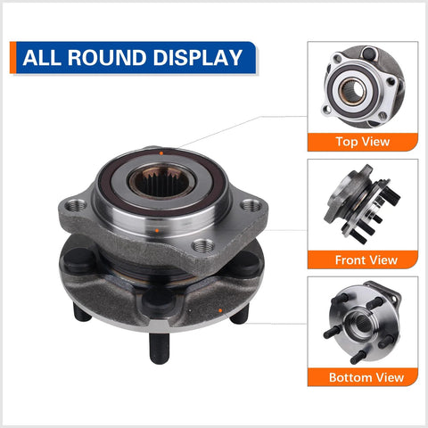 Front Wheel Hub and Bearing Assembly Direct Fit for 2009 to 2014 Subaru Forester, 2008 to 2014 Impreza, 2013 to 2014 WRX, and 2013 to 2014 XV Crosstrek With ABS Replacement Hub Bearing Unit showing top, front, and bottom views.