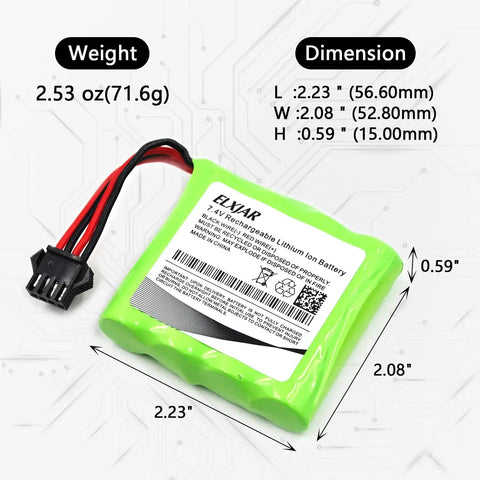 4 Pack 7.4V 1000mAh Li Ion RC Car Battery With SM 4P Plug For DE36W DE65 showing size and weight specifications