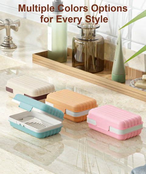 Leakproof Bar Soap Holder With Lid For Shower Portable Travel Soap Case Box in multiple colors on bathroom counter