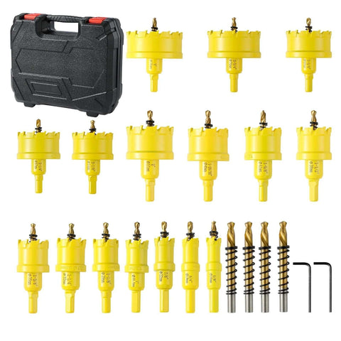DWIKE 24-piece carbide hole saw kit with yellow saws (5/8''–3'') in a black carrying case.