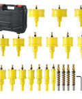 Front view: DWIKE 24-piece carbide hole saw kit in case with yellow housings, 5/8in–3in sizes and pilot bits