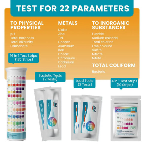 22 In 1 Water Testing Kit With 125 Strips For Home And Well Water Quick Readouts For Bacteria pH Hardness Lead Iron Copper Chlorine Cyanuric Acid And More So You Can Test Like A Pro