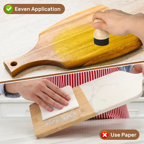 Dope Bamboo Cutting Board Oil Applicator With Lid For Even Oil Coverage, Ergonomic Handle, Mess Free Wax And Oil Application, Odorless Non Toxic Design, Durable Bamboo Tool Great For Home Or Professional Kitchens; bamboo applicator on cutting board