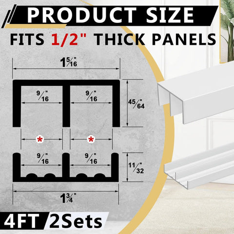 Diagram showing measurements of Two Pack Heavy Duty Four Foot Long Plastic Sliding Cabinet Door Track Hardware Sets For Half Inch Thick Panels Includes Upper And Lower Tracks For Sliding Closet Doors And Glass Window Cabinets Easy Quick Installation.