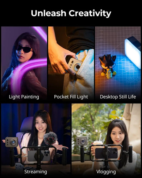 Vibe P108 Pro RGB Video Light For Cameras used in various creative setups: light painting, pocket fill light, desktop, streaming, vlogging.
