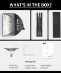 Compact 16x16 Softbox Lighting Kit With LED Bulb for TikTok and Video, showing packaging contents including softbox, LED bulb, stand.