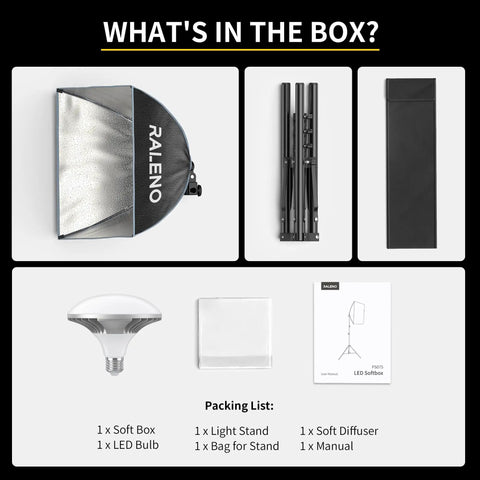 Compact 16x16 Softbox Lighting Kit With LED Bulb for TikTok and Video, showing packaging contents including softbox, LED bulb, stand.