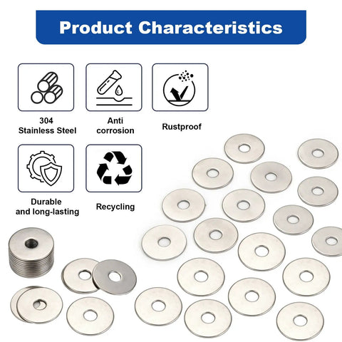 116 Piece One Quarter Inch by One Inch Flat Washers, 304 Stainless Steel Fender Style Washers for Screws with icons showing features.