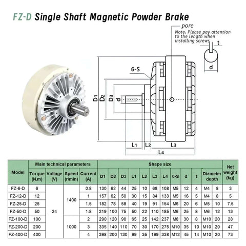 Diagram and specifications of FZ-D Single Shaft Magnetic Powder Brake for industrial motors