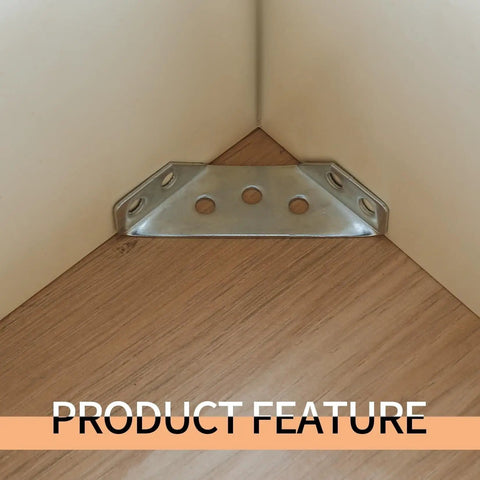 Heavy Duty Stainless Steel Corner Brackets for Wood Right Angle Furniture Connectors secured on wooden corner surface