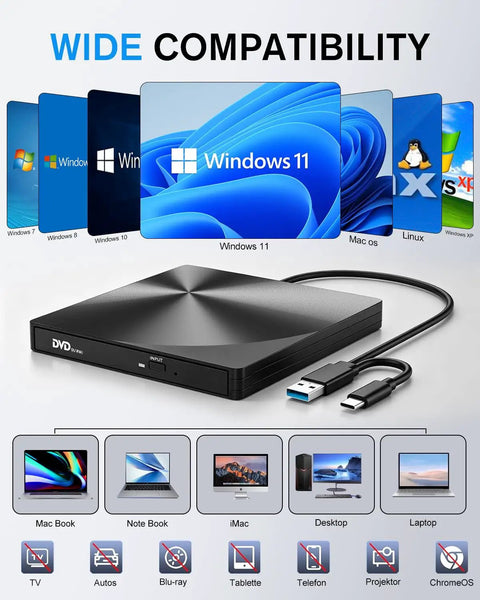 External CD DVD Drive With USB 3.0 And Type-C Plug And Play Portable Burner For Laptops And Macs No Extra Power Needed Ultra Slim Travel Ready Optical Drive compatible with Windows 11 and Mac