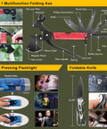 Go To 200 In 1 Survival Kit showing 15-in-1 multifunction tool, flashlight, foldable knife, and their components