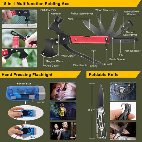 Go To 200 In 1 Survival Kit showing 15-in-1 multifunction tool, flashlight, foldable knife, and their components