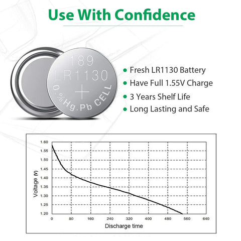 10 Pack LR1130 AG10 Button Cell Batteries 1.5V Alkaline Power Cells with voltage graph for discharge time analysis.