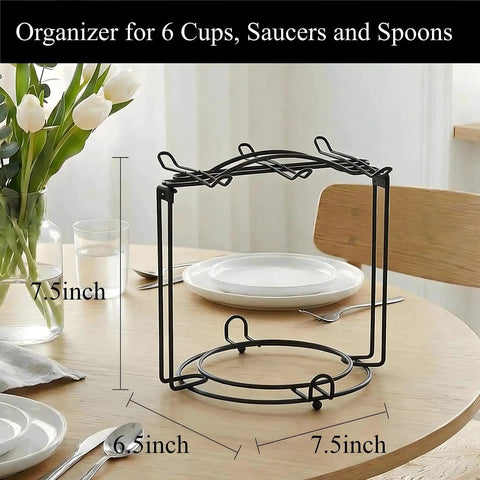 Tea Cup Holder For Countertop And Display Stand Foldable Metal Rack For Saucers And Espresso Cups in dining room setting.