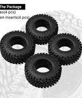 1.0 Inch Maverix MT Tires 57x22mm for 1/18 and 1/24 RC Crawlers, 4-pack with foam inserts on a white background.