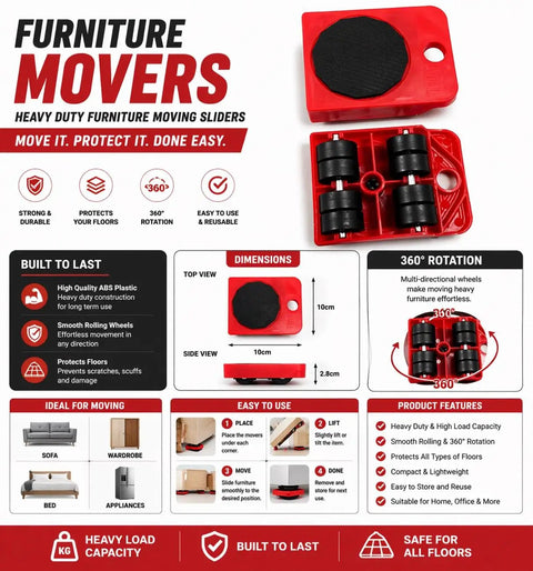 Heavy Duty Furniture Mover Kit With Lifter Tool And 360 Degree Roller Sliders for safe moving of heavy items.