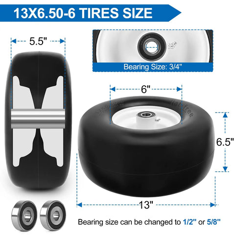 Front 13x6.50-6 Flat Free Mower Tires And Wheels For Zero Turn Mowers With Smooth Tread No Flat Needed Centered Hub Five And A Half Inch Adjustable Bearings Three Quarters Inch
