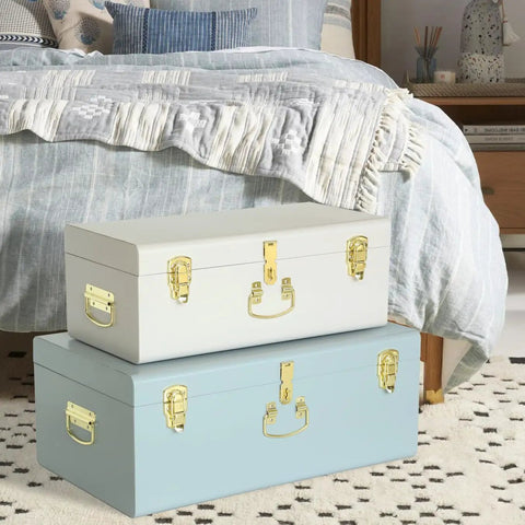 Dope Decorative Metal Storage Trunks With Heavy Duty Locking Hardware And Grippy Handles Super Sleek Pair Of Secure Chests For Dorm Rooms And Chill Living Spaces In Crisp White And Cool Blue