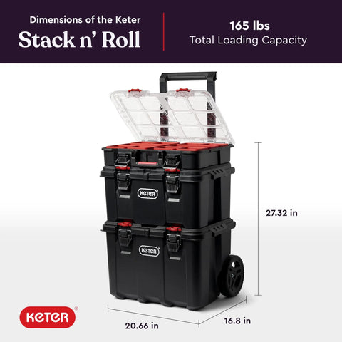 Stack N Roll Modular Tools Organizer System For Garage Storage And DIY, Three Piece Resin Rolling Toolbox Set With Cart Box And Organizer For Small Parts, Durable Lightweight Black with open lid showing compartments