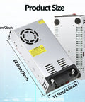 DC 12V 50A 600W Switching Power Supply Adapter with dimensions shown alongside 5.5cm high aluminum case.