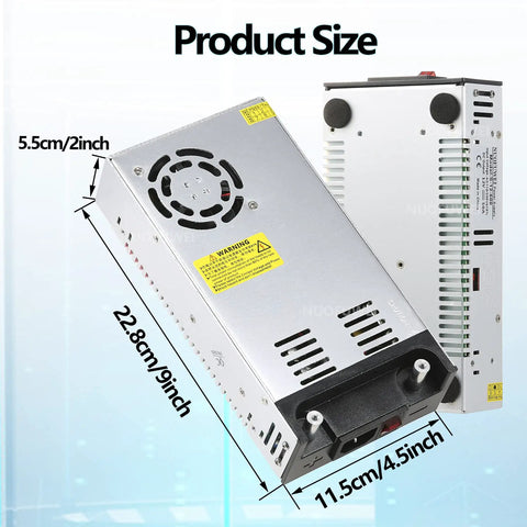 DC 12V 50A 600W Switching Power Supply Adapter with dimensions shown alongside 5.5cm high aluminum case.