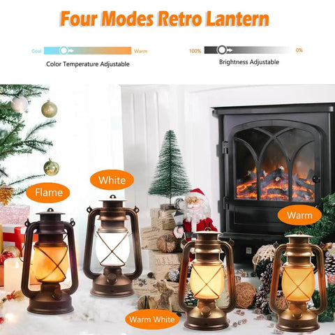 LED Camping Lantern Battery Powered Two Pack With Remote Control Rechargeable Outdoor Hanging Light Flickering Flame Retro Style Lanterns 4 Modes Non Solar shown in various lighting settings indoors by fireplace.