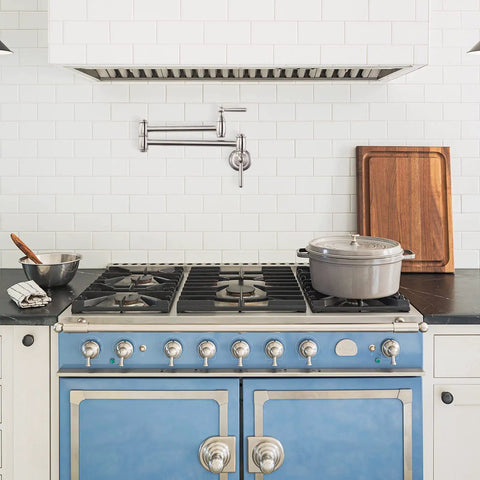 Brushed Nickel Pot Filler Faucet Wall Mount With Double Joint Swing Arms And Two Handles High Flow Brass Stove Faucet