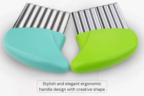 Front view of two KLEENE crinkle cutters with teal and lime-green ergonomic handles and stainless wavy blades.