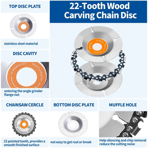 22-tooth chain disc for 15 Piece Pro Grade Wood Carving Kit For Angle Grinders 4 Inch To 4.5 Inch Includes Flat Curved Inclined And Parallel Carving Discs, 22 Tooth Chain Disc With Seven Eighths Inch Arbor, Rotary Burr Rasps And Carving Files