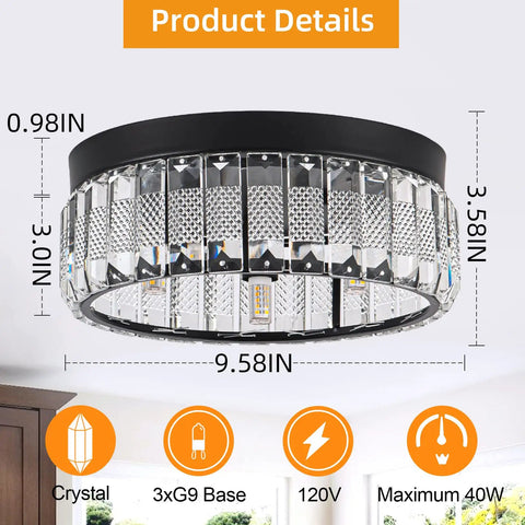 Semi Flush Mount Crystal Ceiling Light With Open Bottom Design, black finish, 9.58x3.58x0.98 inches, G9 socket