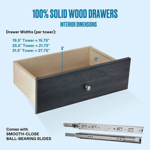 Straight Up Game Changing Modular Closet Organizer With Two Drawers And Extra Shelf For Hanging Short Garments And Folded Fits In Heavy Duty Grey Frame That Slays Small Living Spaces - Solid wood drawer with dimensions and ball-bearing slides.